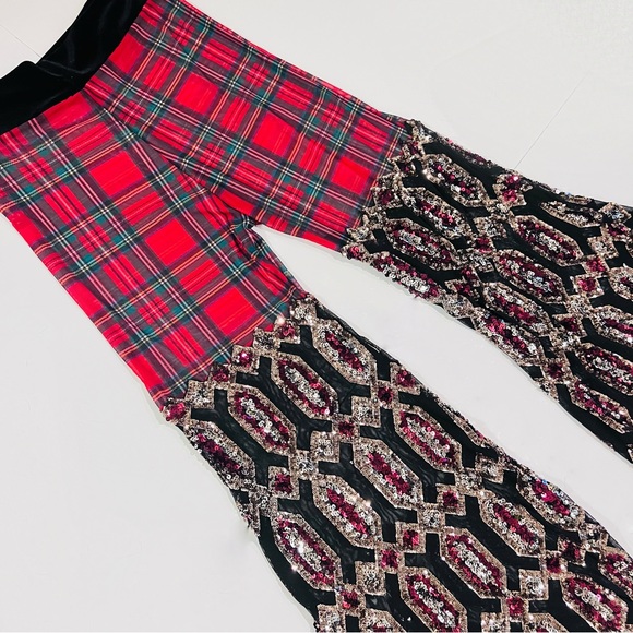 Disco Lemonade X Lux Muse Red Plaid & Sequin Mix Media Bell Bottom Flare Pants - Picture 4 of 15